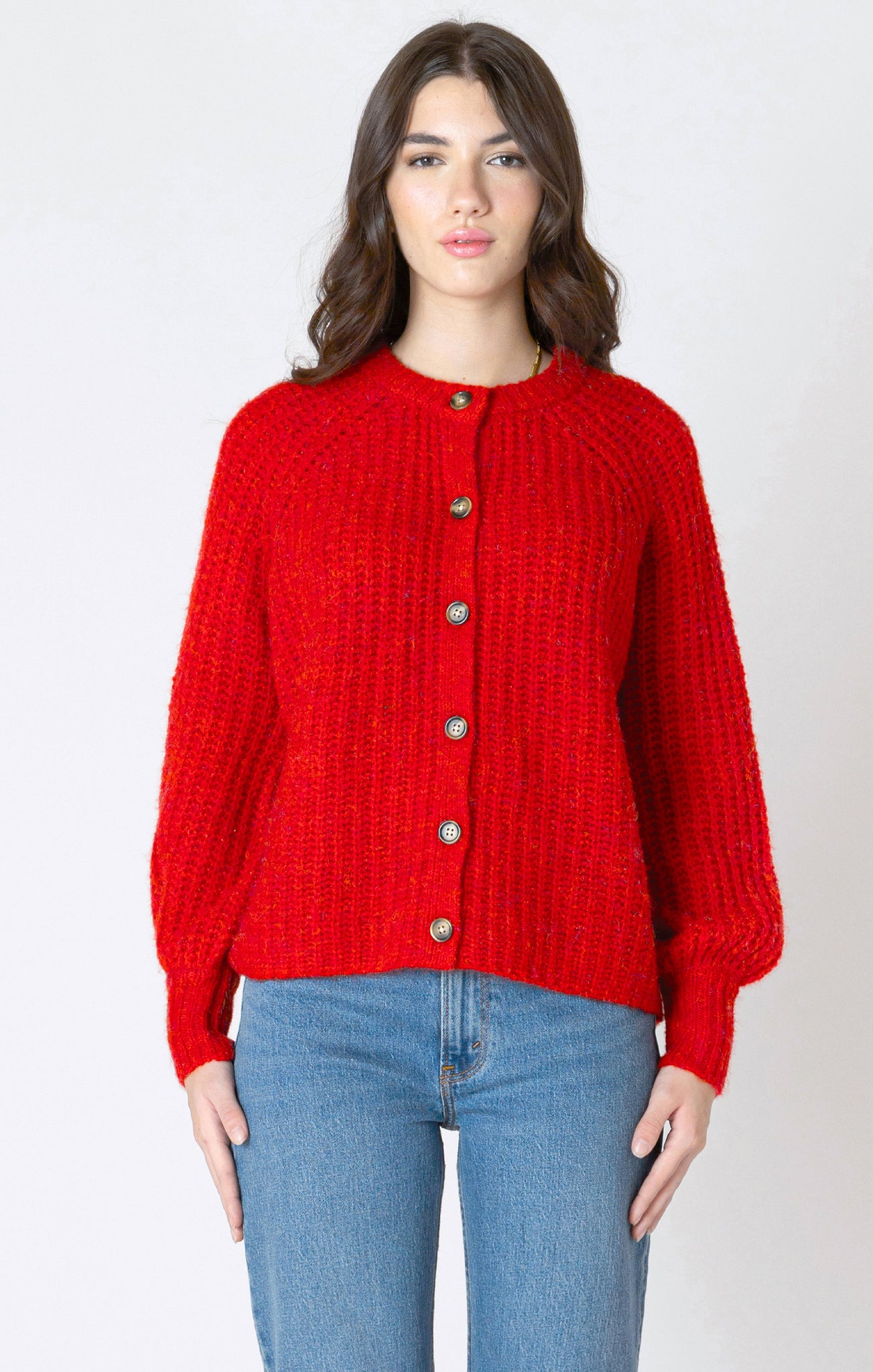 Dex Crewneck Texture Knit Cardigan Sweater RED