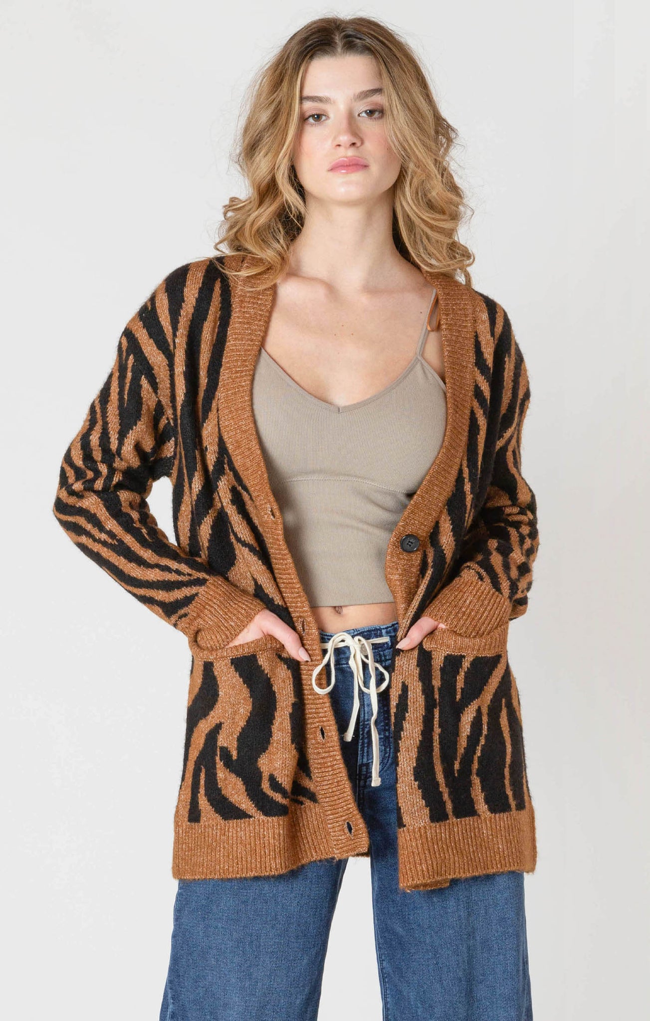 Room 34 Button Front Tiger Stripe Cardigan BRN