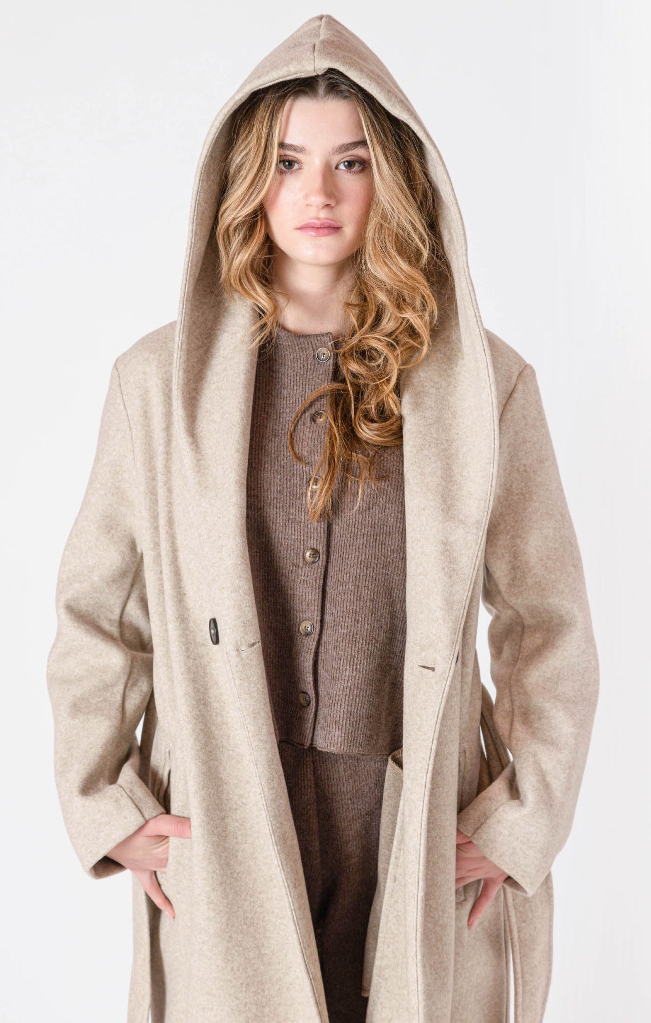 Room 34 Belted Hooded Coat STONE