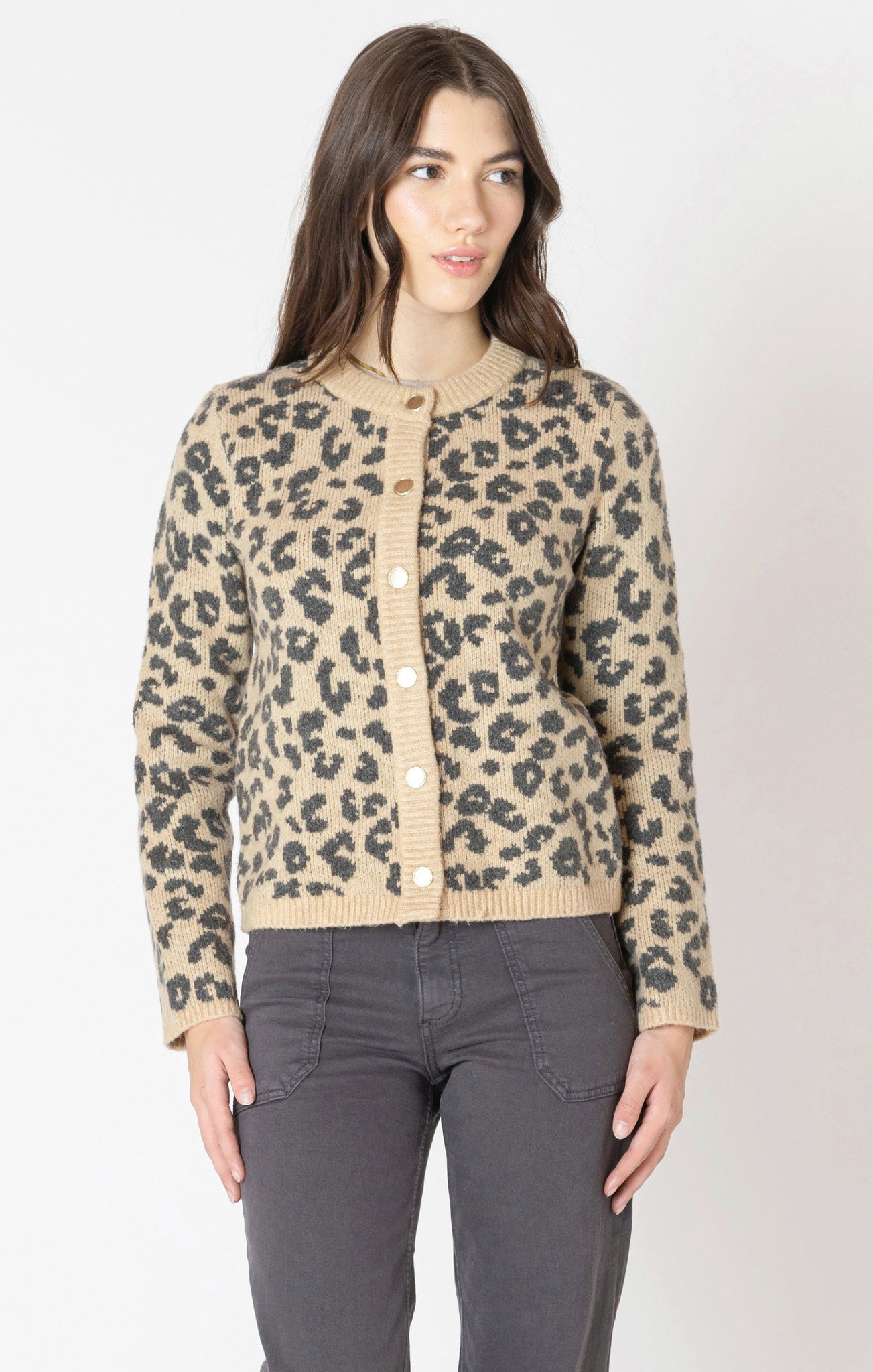 Dex Leopard Crewneck Cardigan BRN