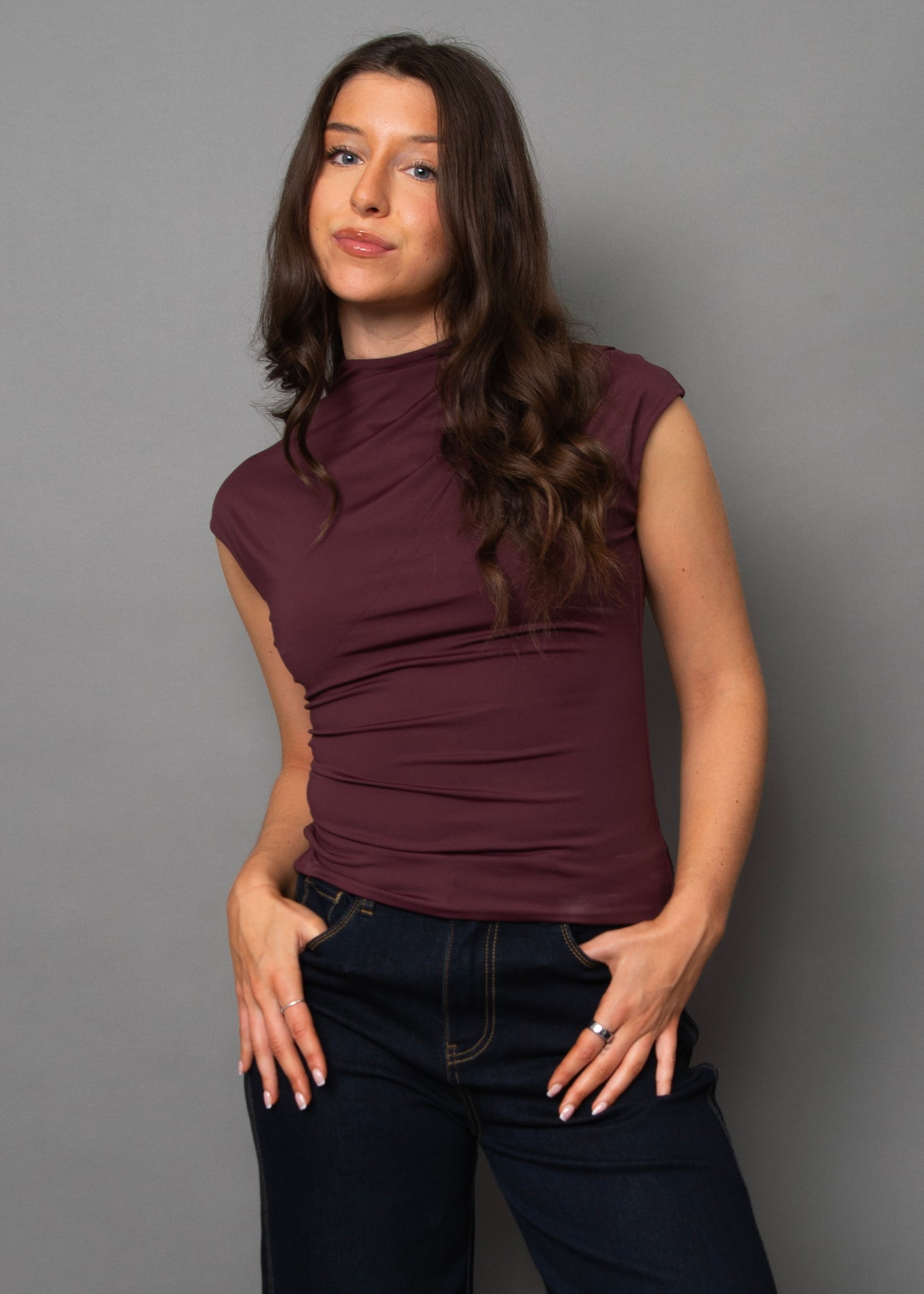 RD Style Yvette Funnel Neck Draped Top PRUNE