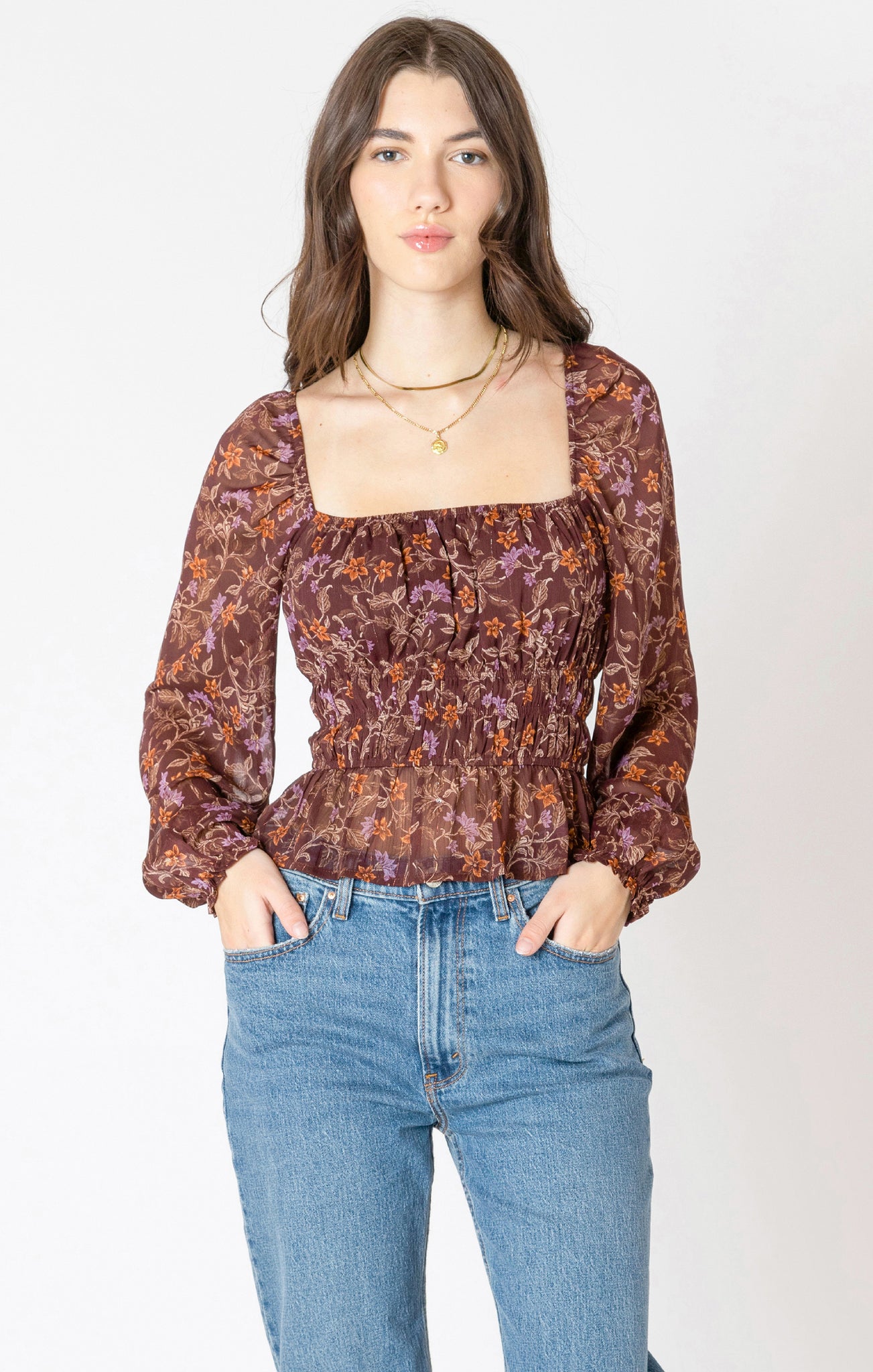Dex Square Neck Floral Blouse BURG