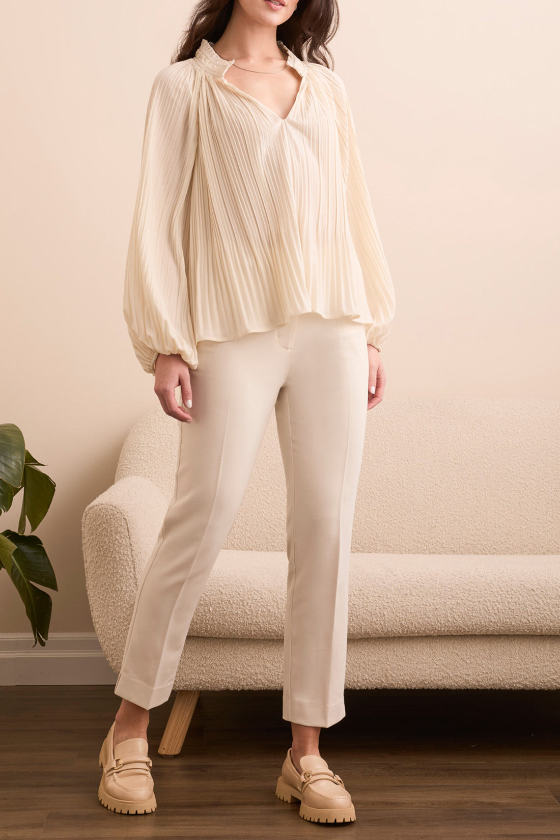Tribal Ruffle Collar Pleat Long Sleeve Blouse MOONSTONE