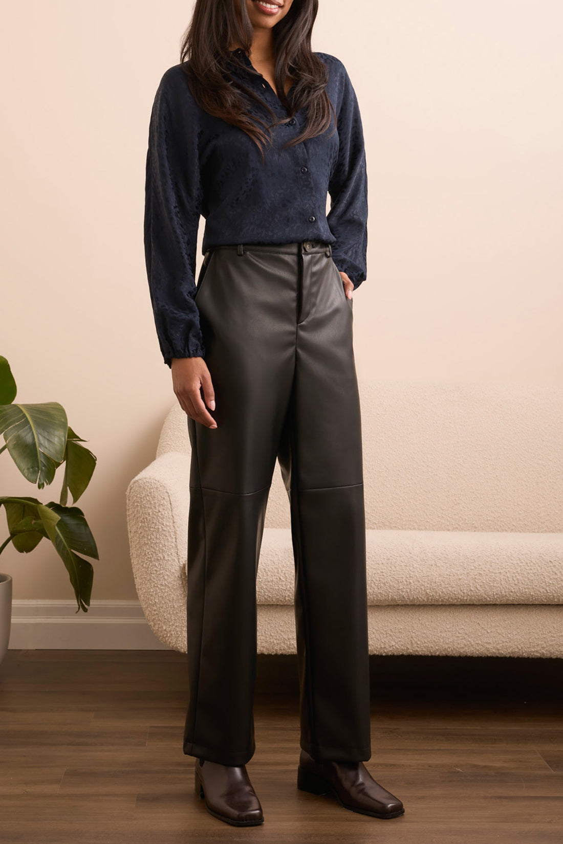 Tribal Straight Leg Vegan Leather Trouser BLK
