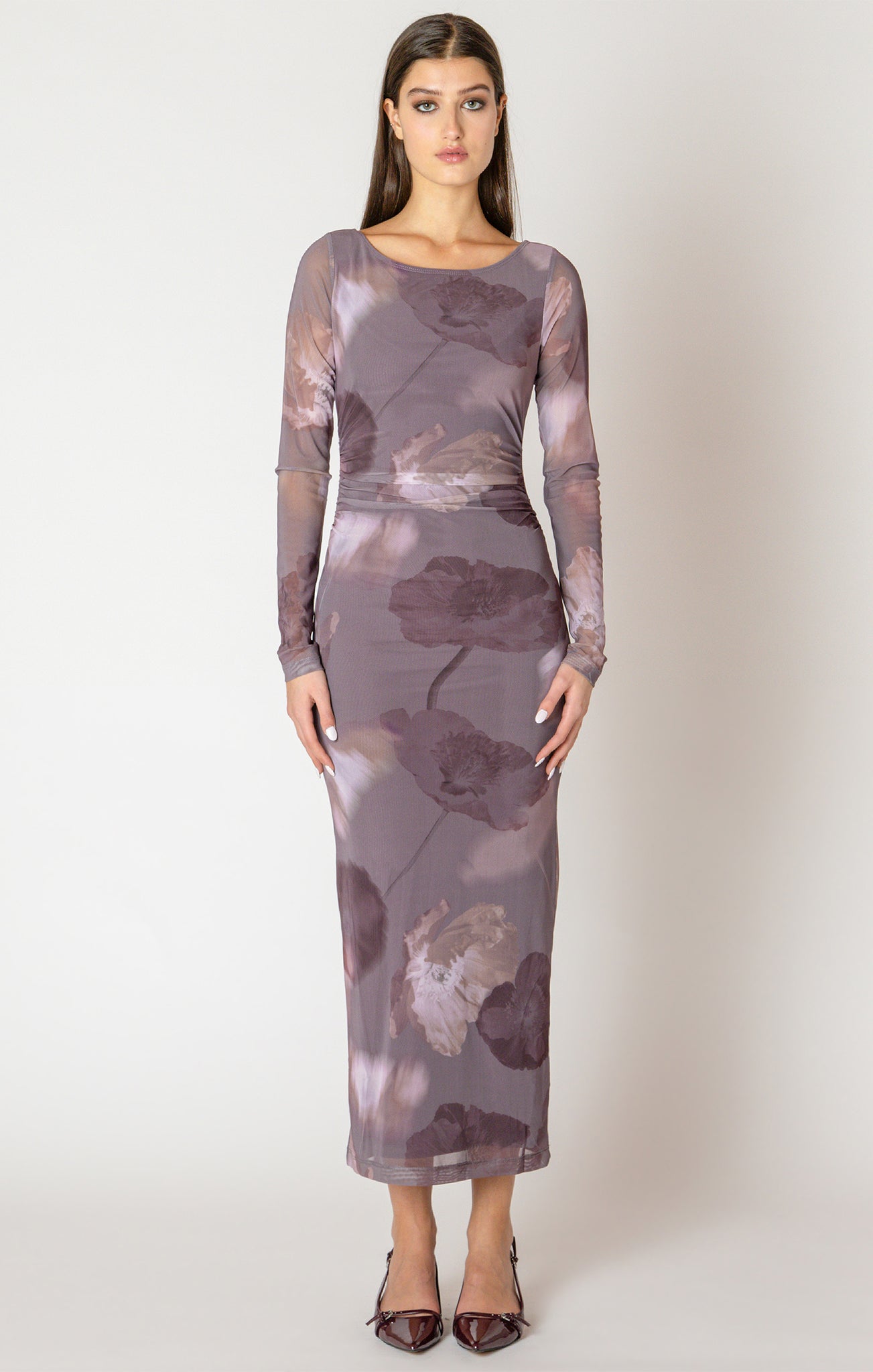 Black Tape Printed Mesh Long Sleeve Maxi Dress MAUVE