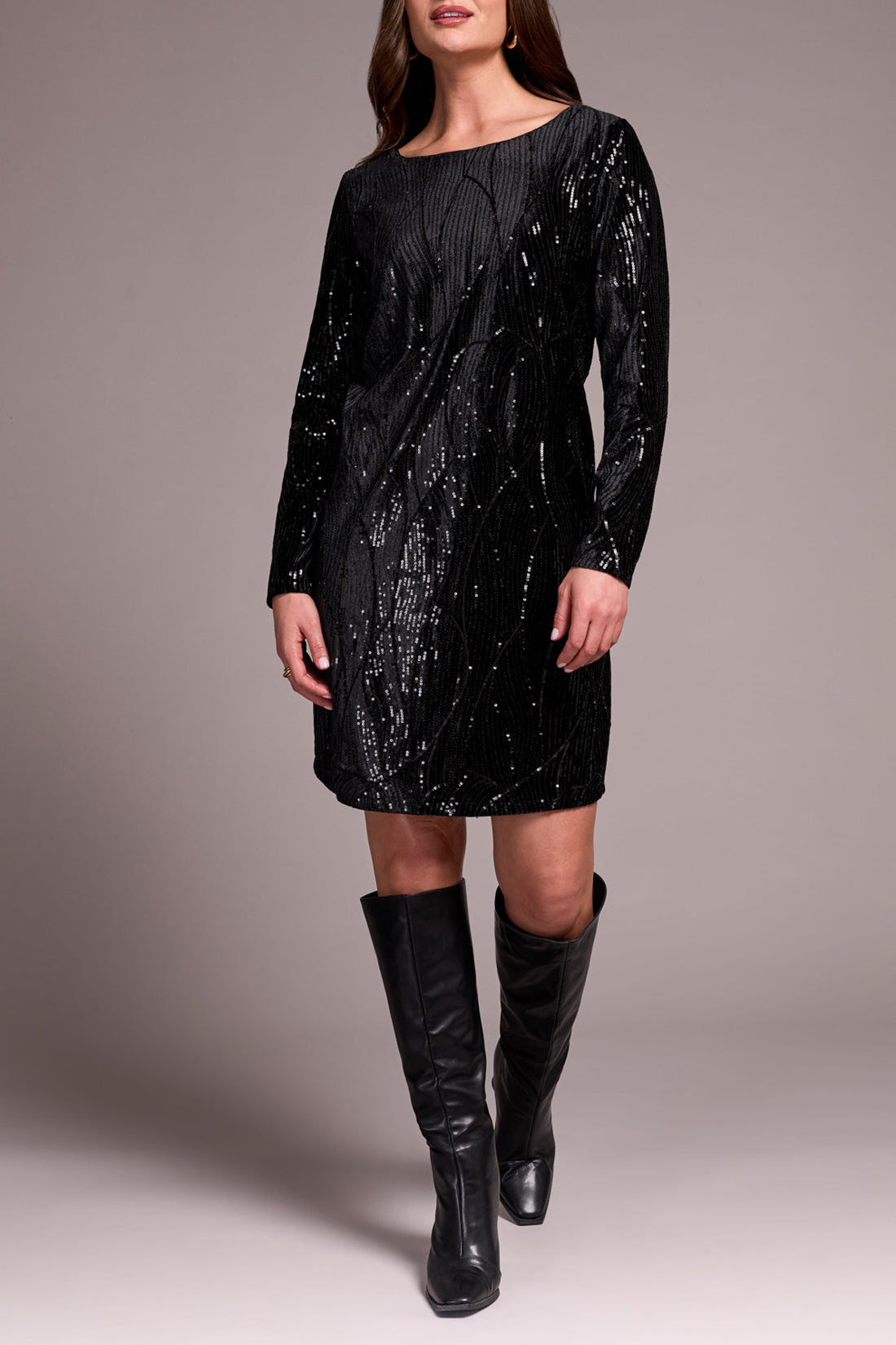 Tribal Long Sleeve Sequin Lined Dress BLK