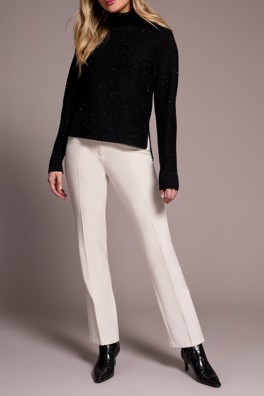 Tribal Micro Sequin Turtleneck High Low Sweater BLK