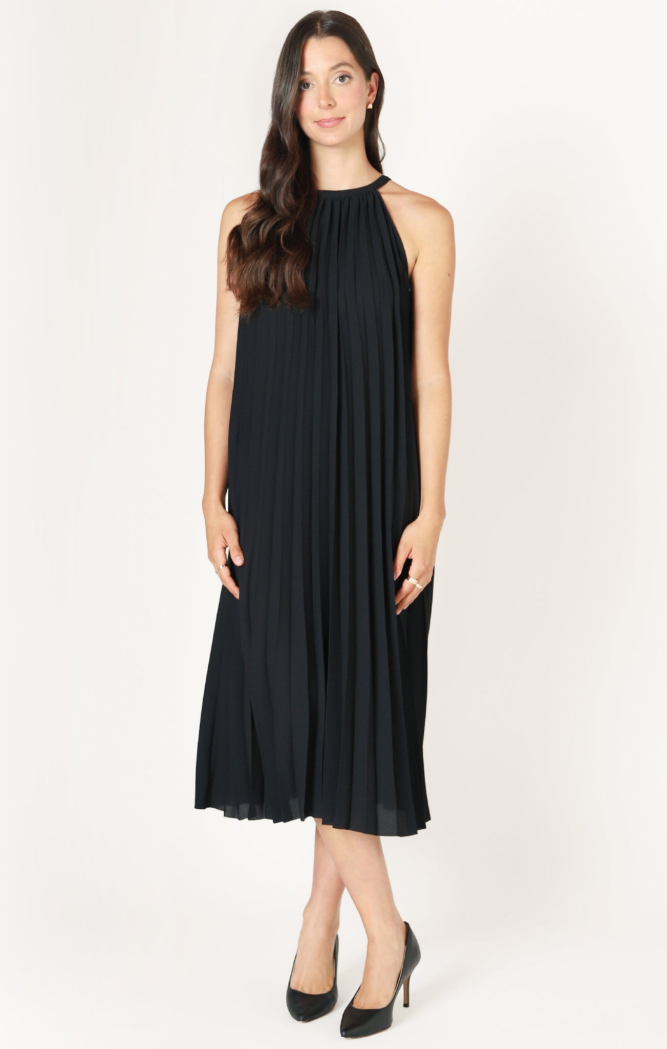 Black Tape S/L Pleated Halter Midi Dress BLK