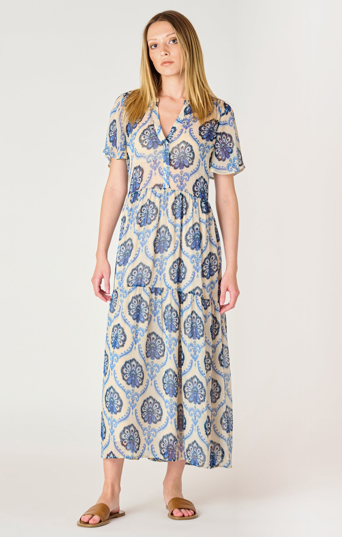 Dex Medallion Print S/S Flowy Midi Shirt Dress BLU