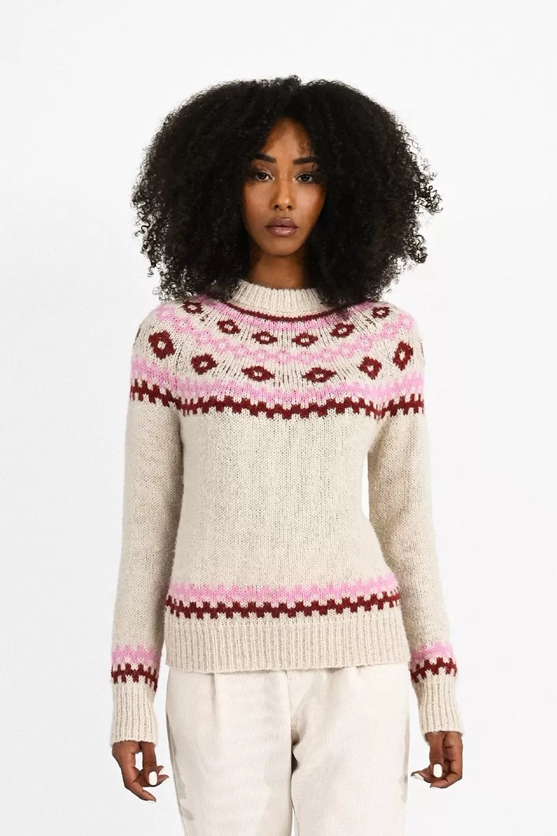 Molly Bracken Fair Isle Knit Sweater OWHT/PNK
